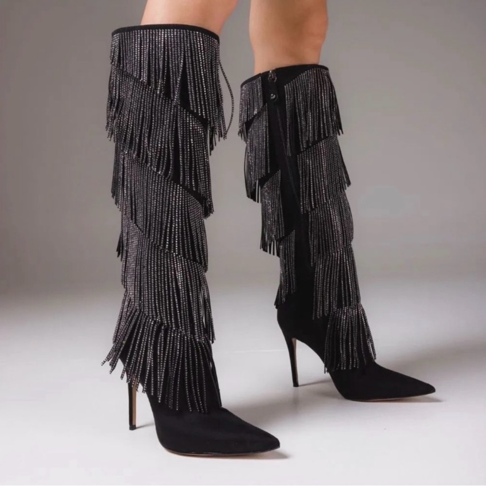 Elegant Black Fringe Knee-High Boots
